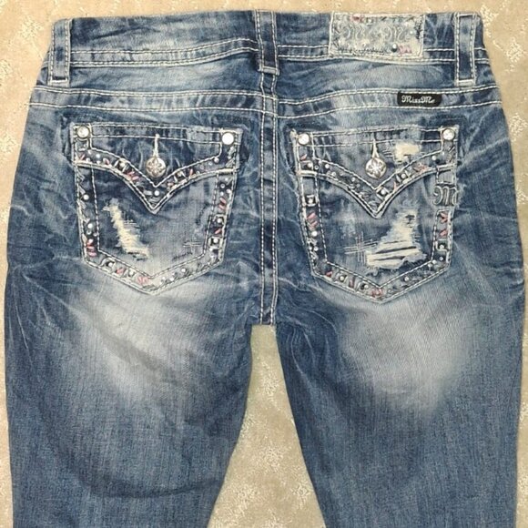 Miss Me Mid-Rise Boot Cut Jeans Womens 26 x 31 Dark Wash Bling Flap Pocket Denim - Picture 2 of 6